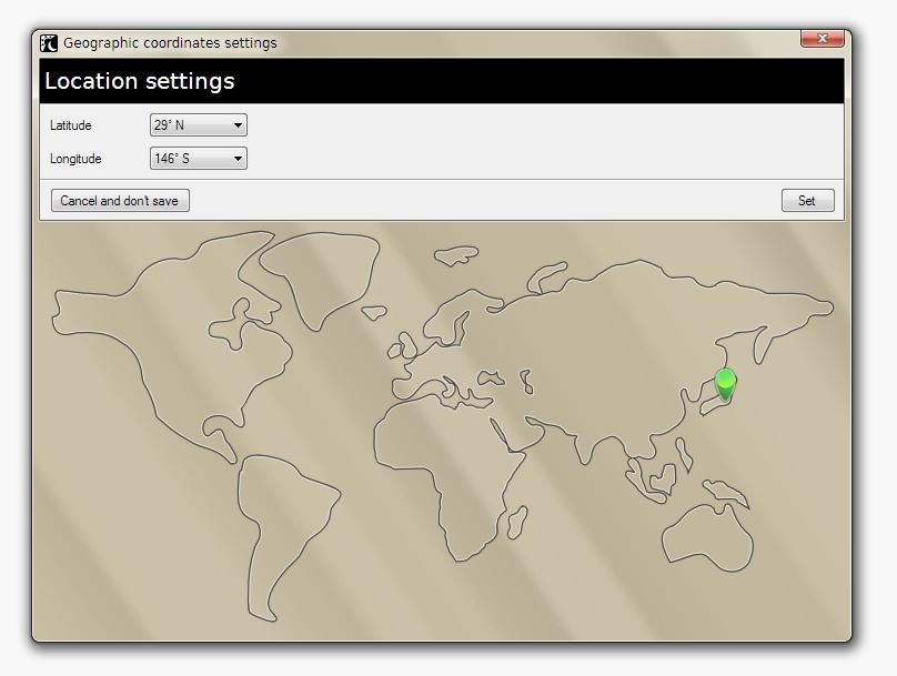 Geographic coordinates required for calculations can be adjusted using map interface.