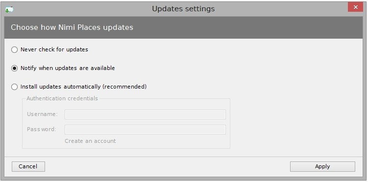 Nimi Places updates can be configured to either to automatically update, just notify or do not check for new versions.