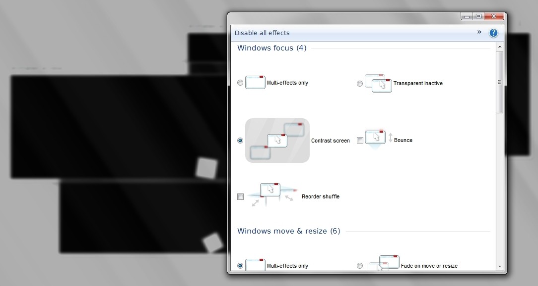 Settings window is placed above dimmed field of contrast screen effect, with blurred inactive windows underneath.