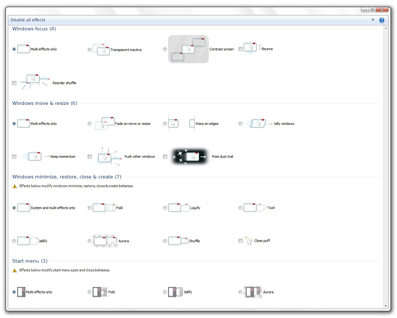 Effects state and other features can be adjusted from settings window.