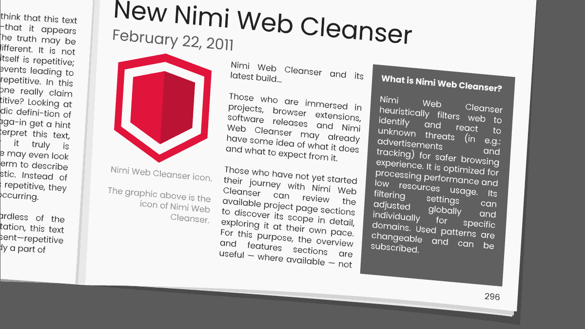 Magazine page with an article covering "New project - Nimi Web Cleanser".