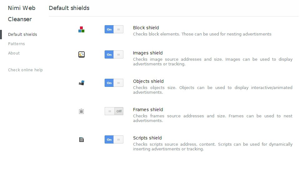 Nimi Web Cleanser — Default shields settings of sideline branch